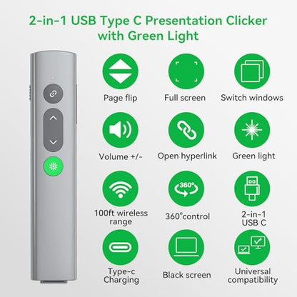 Presentation Clickers for PowerPoint Presentations, [Aluminum Alloy] + [2 in 1 USB C/A] PowerPoint Clicker with Laser Pointer Wireless Presenter PPT Slide Remote Control Clicker for Mac, Computer - style: Green Light