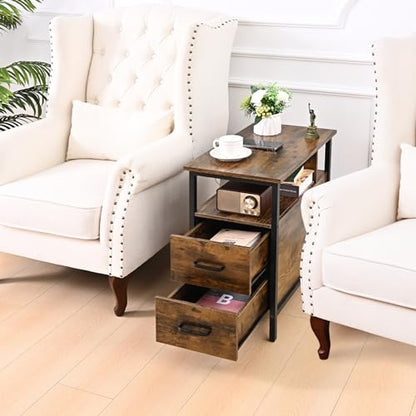 Side Tables with Charging Station, Narrow End Table with 2 Wooden Drawers, USB Ports and Power Outlets, Narrow Nightstand and Bedside Table, Side Tables Living Room, Bedroom, Brown - color: Brown
