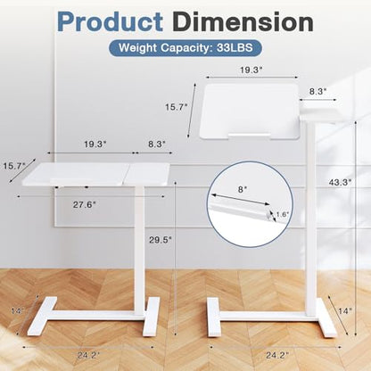 DUMOS Adjustable Bedside Overbed Table with Wheels, White | Laptop Standing Desk with Tilting Top Height, Mobile Rolling Computer Cart for Hospital Home Bedroom Use - color: White, size: 27.4" x 15.7" x 43.3"