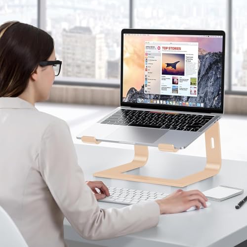 OMOTON Laptop Stand, Detachable Laptop Mount, Aluminum Laptop Holder Stand for Desk, Compatible with MacBook Air/Pro, Dell, HP, Lenovo and All Laptops (11-16 inch), Gold | 11-17" Laptop Holder for Desk, Notebook Computer Mount, Lightweight Cooling for Des