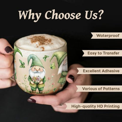 UV DTF Cup Wraps Transfer Stickers Flowers and Gnomes Pattern, 10 Sheets Waterproof Custom Vinyl Transfer Sticker 16oz Coffee Glass Cup Tumbler Bottle Mug Decals for Men Women | Waterproof UV DTF Stickers, Custom Vinyl Decals for 16oz Coffee Cups Tumblers