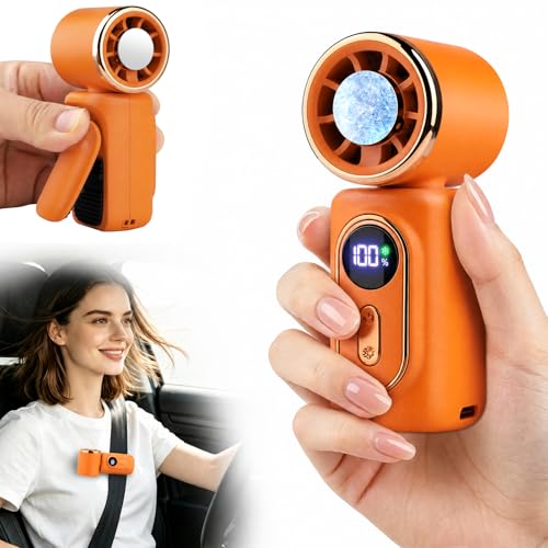 Clip-On Portable Fan with Ice Cooling, 5 Speeds Rechargeable Handheld Mini Fan with LED Display, 180° Portable Turbo Fan for Stroller, Eye Lash, Travel, Concert, Beach, Gifts for Women (Orange) - color: Orange