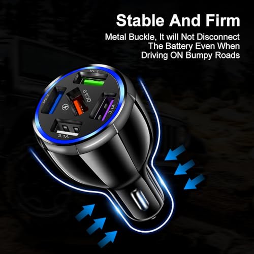 Car Charger Adapter, 5 Port QC3.0 Fast Charging Car Cigarette Lighter USB Charger, Compatible with iPhone, Android, Samsung, iPad Pro, and More (Black)