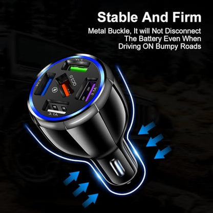 Car Charger Adapter, 5 Port QC3.0 Fast Charging Car Cigarette Lighter USB Charger, Compatible with iPhone, Android, Samsung, iPad Pro, and More (Black)