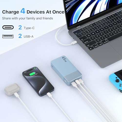 NOBIS Portable Charger 45W 20000mAh Power Bank Fast Charging | 2C+2A Battery Pack with C to C Cable, Battery Bank with Digital Display for iPhone Android Laptop etc - color: Light Blue