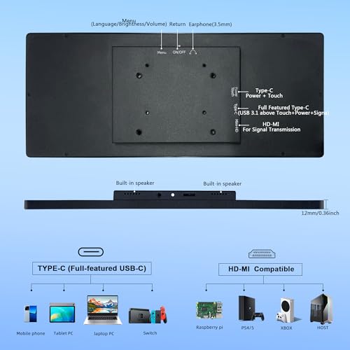 wisecoco 12.3 Inch Touch Screen Monitor IPS 1920x720 Stretched Bar LCD CNC Shell Mini Secondary Screen Portable Display HDMI for Laptop PC Temperature Aida64 GPU CPU RAM Monitoring