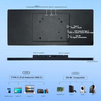 wisecoco 12.3 Inch Touch Screen Monitor IPS 1920x720 Stretched Bar LCD CNC Shell Mini Secondary Screen Portable Display HDMI for Laptop PC Temperature Aida64 GPU CPU RAM Monitoring