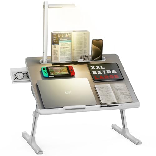 Laptop Bed Tray Desk with LED Desk Lamp, SAIJI Laptop Stand for Bed | XX-Large PVC Leather Foldable Table with Book Stand, Wrist Rest, Extra Leg Room for Sofa Couch Floor (Gray) - color: Gray