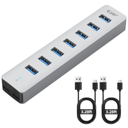 EJAY 7-Port Desktop USB 3.0 Hub for PC with Extra Power Port, Aluminum USB Splitter 5Gbps Data Transfer, 3.28ft Long Data & Power Cables for Laptop, Mac, Windows, Linux