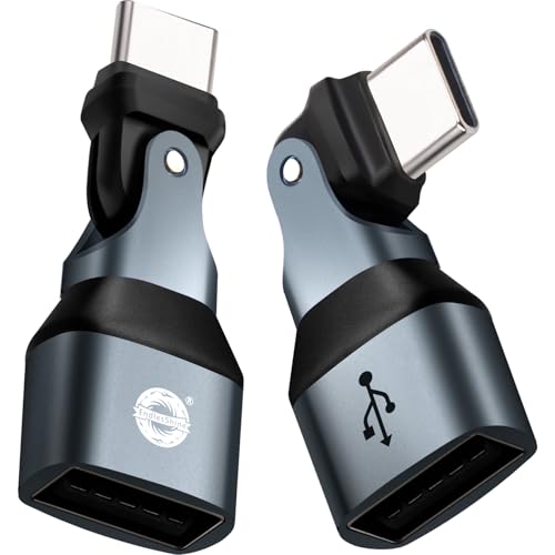 USB A to USB C Adapter, 180° Rotation Swivel Right Angle 90 Degree Connector, 240W PD Fast Charging, E-Marker Chip, Port Protection for Phone iPad Data Transfer, Non-Magnetic, 2Pack - color: Black, size: 180-2P