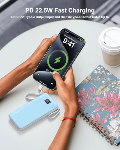 Portable Charger 10000mAh Power Bank w/Built-in 3 Cables & AC Wall Plug | 22.5W Fast Charging, Pass Through Charging, 0.68in Ultra Slim, TSA Approved, Travel Essential for iPhone/Samsung/iPad, Blue - color: Blue