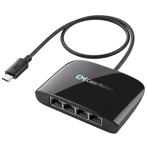 Cable Matters USB C to 4-Port Gigabit Ethernet Switch, TB5/TB4 Compatible | Network Sharing on the Move, Thunderbolt Ethernet Splitter, USB C Gigabit Switch
