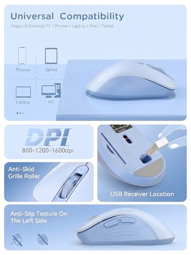 RAPIQUE Bluetooth Wireless Mouse, Dual Bluetooth & 2.4GHz, Light Blue | Quiet Clicks, Right-Hand Ergonomic 6 Button, Adjustable DPI, AA Battery, 3-Device Switching for Laptop, PC, Mac, Tablet - color: Light Blue