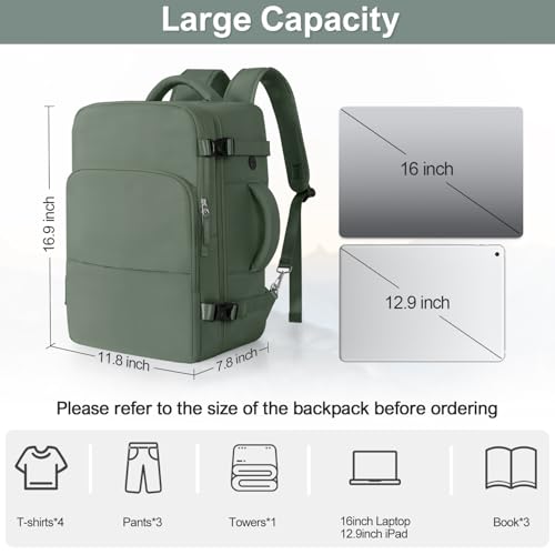 Sinaliy Personal Item Backpack, Carry on Travel Backpack with Multi-Pockets, Waterproof Casual College 16inch Laptop Backpack for Men Women, Army Green | Waterproof 16 Inch Laptop Backpack for Work, College, Weekend, Business, Travel Bag with Wet Pocket,