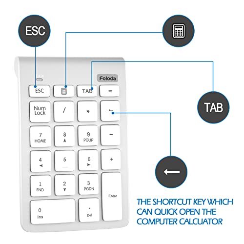 Foloda Wireless Number Pad, 10 Keys USB Keypad for Laptop, 22 Keys Extensions Numeric Numpad Computer Laptop Accessories for PC Desktop Surface Pro Notebook - color: White