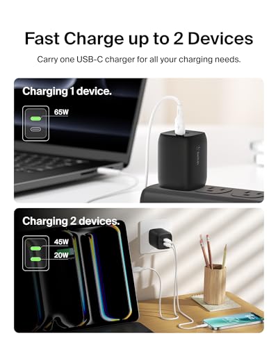 Belkin 65W Dual GaN USB C Charger Block, Fast Charging for Travel | PD 3.0 Fast Charging, Samsung Galaxy S26, iPhone 17, Air, Pro, Pro Max, iPad, MacBook, AirPods - style: 65W Black
