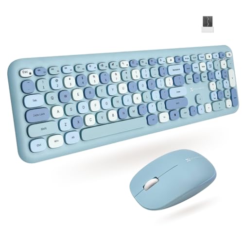 X9 Cute Wireless Keyboard and Mouse Combo - Retro Typewriter Keyboard and Mouse with Round Bubble Keys, 110 Keys and 18 Shortcuts Keyboard - Colorful Blue Keyboard Mouse Combo for PC Computer, Laptop - color: Light Blue