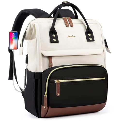Focdod Laptop Backpack for Women, 17 Inch Work Business Backpacks Purse with USB Port, Large Capacity Doctor Nurse Bag Backbag, Waterproof Casual Daypack for Travel,Black-White-Brown - color: 05-beige Black, size: 17.3 Inch