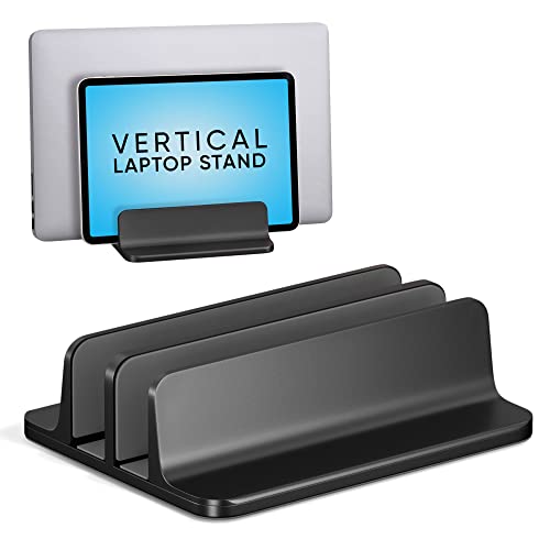 Kuzy Vertical Laptop Stand for Desk Adjustable Aluminum - Dual-Slot Laptop Holder for MacBook Stand Pro Air Anti-Slip, Black - color: Black