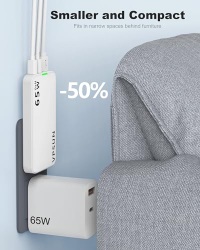 65W GaN USB C Wall Charger Block,3 Port Ultra Thin Flat USB-C Charging Plug,Foldable USB Power Adapter for MacBook,iPhone 15/16,Samsung (White) - color: White