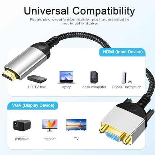 HDMI to VGA Adapter Cable 8 inch Uni-Directional Only,Gold-Plated 1080p@60Hz HDMI Male to VGA Female Braided Cord for PC,Laptop,Monitor,HDTV, Roku, Xbox, PS5 - style: HDMI Male to VGA Female