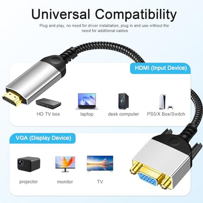 HDMI to VGA Adapter Cable 8 inch Uni-Directional Only,Gold-Plated 1080p@60Hz HDMI Male to VGA Female Braided Cord for PC,Laptop,Monitor,HDTV, Roku, Xbox, PS5 - style: HDMI Male to VGA Female