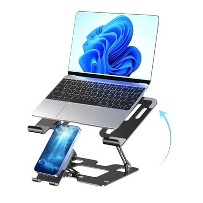 Ergonomic 2-in-1 Laptop Phone Stand for Desk, Adjustable Riser, Sturdy and Portable, Fits All Laptops and Phone（Dark Black） - color: Dark Black