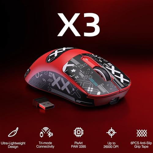 ATTACK SHARK X3 49g Ultra-Lightweight Wireless Gaming Mouse, Red&Tape | Bluetooth 5.2/2.4G Wireless/Wired, PAW3395 Gaming Sensor, 26K DPI, 200h Battery Life, Programmable Buttons for PC/Mac/Win - color: Red & Griptape