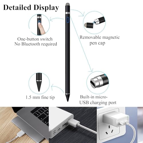 Active Stylus Pen for iPhone/iPad/Android, Kenkor Pencil with Dual Touch Function, Rechargeable Digital Fine Point Pen for Apple iPad Pro/Air/Mini/iPhone/Switch/Phone/Samsung/Tablet Drawing & Writing - color: Black