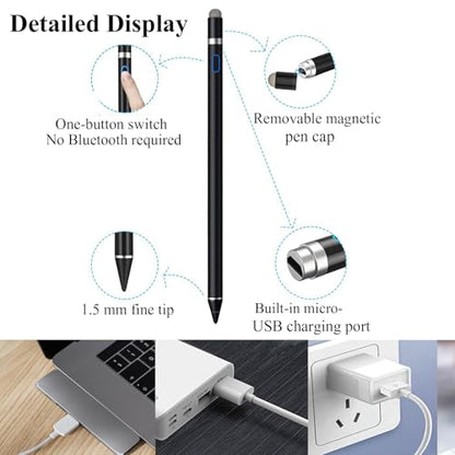 Active Stylus Pen for iPhone/iPad/Android, Kenkor Pencil with Dual Touch Function, Rechargeable Digital Fine Point Pen for Apple iPad Pro/Air/Mini/iPhone/Switch/Phone/Samsung/Tablet Drawing & Writing - color: Black