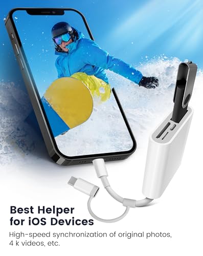 SD Card Reader for iPhone iPad, 4 in 1 Micro SD/SD Card Reader to iPhone Adapter, SD Card Viewer with TF/SD Dual Slot, Portable Camera Memory Card Reader for iPhone with Charging Port, Plug and Play - size: 4 Slots for (Lightning)