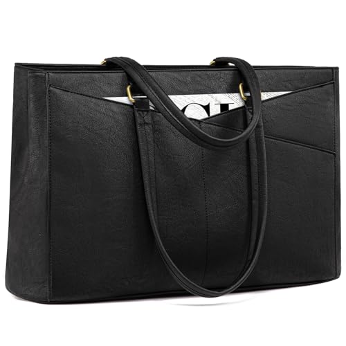 LOVEVOOK Vintage Leather Work Tote - 17.3 Inch Laptop Bag for Women, Waterproof Business Bag, Retro Black - color: Retro Black-laptop Bag, size: 17.3 inch