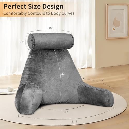 Reading Pillow for Adults Sitting‑Up in Bed, Backrest with Arms | Detachable Neck‑Cushion; Shredded Memory‑Foam; Side Pockets; Washable Velvet Cover; Gaming & TV, Sofa Use - color: Dark Grey
