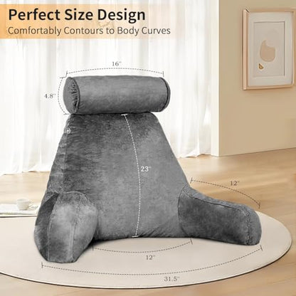 Reading Pillow for Adults Sitting‑Up in Bed, Backrest with Arms | Detachable Neck‑Cushion; Shredded Memory‑Foam; Side Pockets; Washable Velvet Cover; Gaming & TV, Sofa Use - color: Dark Grey