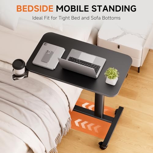 COMHOMA Adjustable Overbed Bedside Table with Lockable Wheels, Pneumatic Mobile Standing Laptop Desk, Small Standing Desk Portable Rolling Overbed Table Hospital Home Use(28" W x 16" D, Black) - color: Black, size: Small