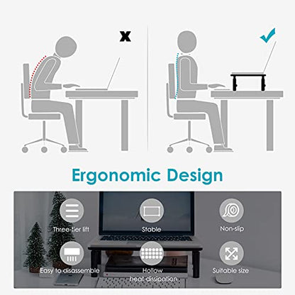 2 Pack Monitor Riser Desktop Stand Flat Screen TV Monitor Stand Riser | 3 Height Adjustable PC Stand with Mesh Platform Sturdy Metal Laptop Computer Monitor Stand Shelf for Printer, iMac