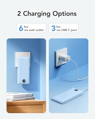 VRURC 10000mAh Portable Charger with Built-in Cables and AC Plug, Blue | 22.5W fast charge, LED display, Micro, USB-C and Phone cables, 4 outputs, 8 oz, airline approved - color: Blue