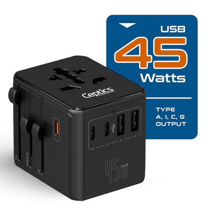Ceptics 8 in 1 Universal Travel Adapter for EU, UK, US, AU and More, World Travel Adapter, 2X US Socket, Universal Socket, 3X USB-C and 2X USB-A, 45W Fast Charge – UP-45KU-BL - color: Black