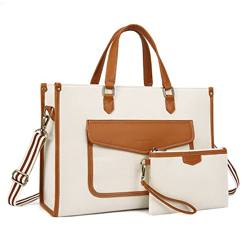 Missnine Tote Bag Canvas Laptop Bag for Women 15.6 inch Casual Work Bags with Clutch Purse Computer 2 PCS Set (Brown+beige_2pcs) - color: Brown+beige_2pcs