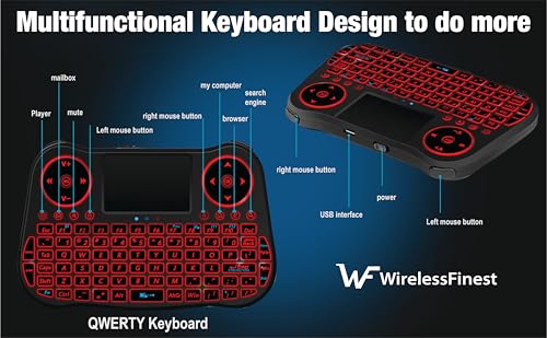 Wireless Mini Handheld Smart TV Remote Keyboard Touchpad Mouse Combo Controller For Android TV Box, Smart TV, X-Box, MacOS, PC Computer Window 10 11, Raspberry Pi 2,RGB Backlit (Not Support Bluetooth)