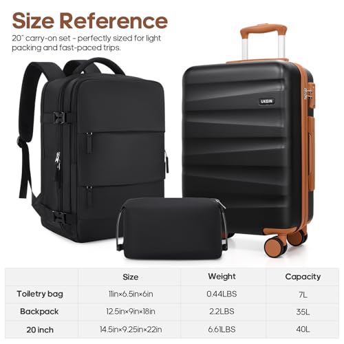 UKEIN Luggage Set with Backpack,Hardshell Carry On Luggage Airline Approved | 20inch Suitcase Set with 360° Smooth Spinner Wheels,TSA Lock,YKK Zippers,Lightweight 3 Piece,Polycarbonate - color: Black, size: Carry On 3 Piece Set (20inch)