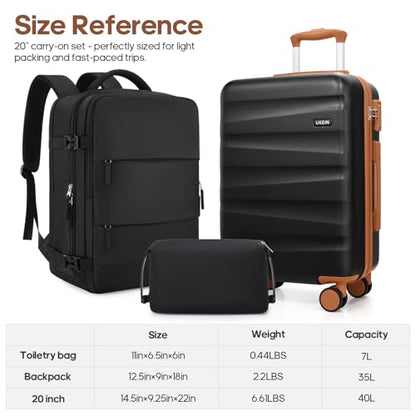 UKEIN Luggage Set with Backpack,Hardshell Carry On Luggage Airline Approved | 20inch Suitcase Set with 360° Smooth Spinner Wheels,TSA Lock,YKK Zippers,Lightweight 3 Piece,Polycarbonate - color: Black, size: Carry On 3 Piece Set (20inch)