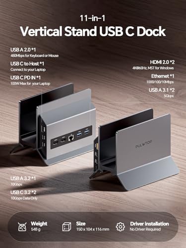 USB C Docking Station Dual Monitor 4K@60Hz, Laptop Dock with Vertical Stand | PULWTOP 11-in-1 Laptop Docking Station with USB-C&USB-A 10Gbps, Gigabit Ethernet, PD for Dell/Lenovo/Windows Laptops, Gray - color: Gray