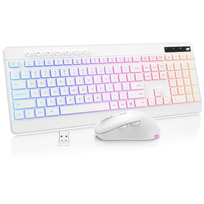 EDJO Wireless Keyboard and Mouse Combo, 10 Backlit Effects, Rechargeable 2.4GHz Silent Full-Size Light Up USB Keyboard with 6 Button RGB Mouse for Laptop, Computer, PC - color: White