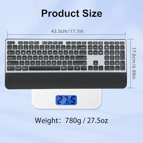 CITLLA Wireless Keyboard, Rechargeable Full Size Multi-Device Bluetooth Keyboard with Wrist Rest, 3-Level Backlit, for Computer, Laptop, Tablet, Smartphone, Office,（US Layout）