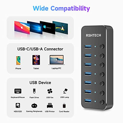 RSHTECH Powered USB Hub, USB-C/A to 7 Ports USB 3.0 Data Hub, RSH-ST07 | Aluminum USB Splitter with 2-in-1 USB A/C Cable,5V/3A Power Adapter and Individual Switches, USB Port Expander for Laptop PC - size: 7-PortUSB 3.0/USB C Hub