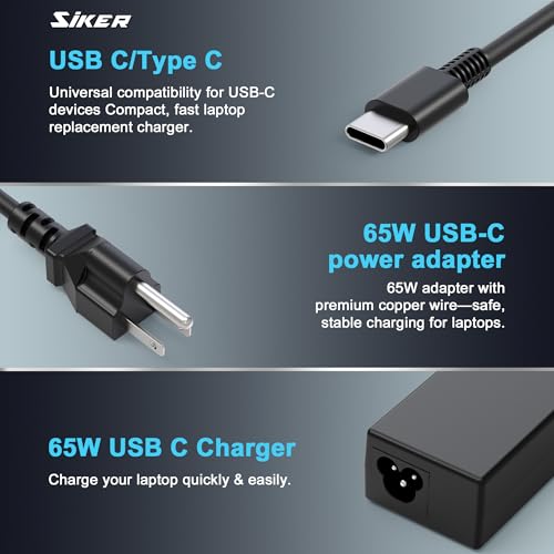 SiKER 65W USB-C Laptop Charger for Lenovo ThinkPad | X1 Carbon, X13, T14, T14s, E14, L15, Yoga 7i/9i, C930, ThinkBook 13s/14/15/16, Chromebook C330/S330, travel design - color: black7