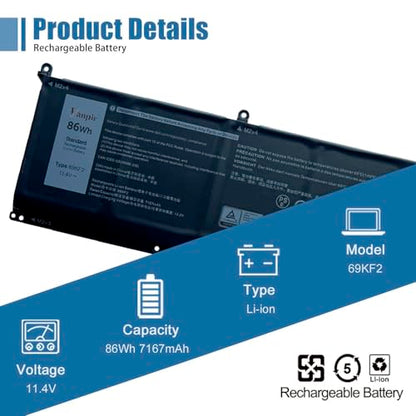 69KF2 Laptop Battery Replacement for Dell XPS 15 9500 9510 9520 Precision 5550 5560 5570 Alienware M15 M17 R3 R4 G15 Inspiron 7510 7610 P87F P91F Series 70N2F M59JH 8FCTC 11.4V 86Wh 7167mAh - size: 11.4*3.3*0.26 inch 69KF2