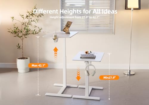 Claiks Mobile Standing Desk with Cup Holder Overbed Table 25.5" White | Cup Holder, Rolling Adjustable Desk, Hidden Wheels, Gas Spring Lift, Side Hook, Easy Assembly, Hospital Use - color: White