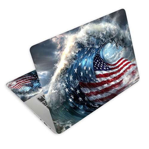 Universal Laptop Skin Decal, 3-Piece Vinyl Protector for 12 13 14 15.6" Notebook, Waterproof Anti-Scratch, Easy Trim & Bubble-Free Finish, Massive Ocean Wave with American Flag - color: Massive Ocean Wave with American Flag